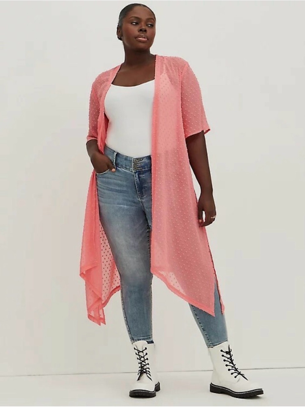 torrid Coral Pink Sheer Dotted Swim Cover-Up Kimono